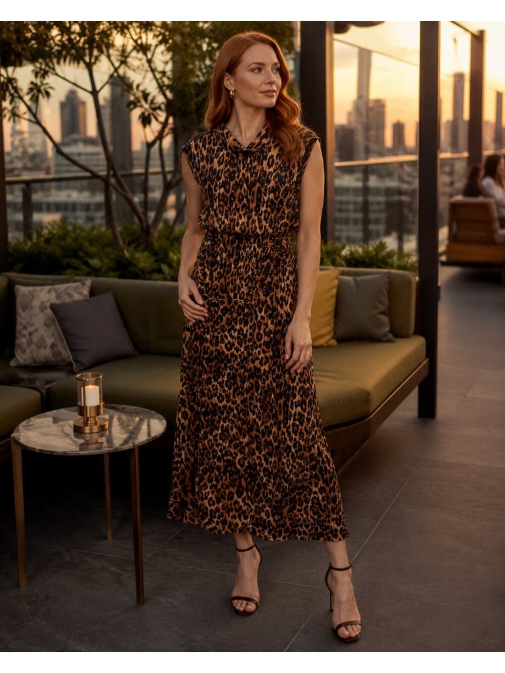 Milly Melina Pleated Leopard Midi Dress Size 4 Brown